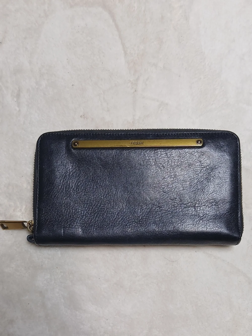 Fossil Black Leather Zip-Around Wallet with Gold Accent